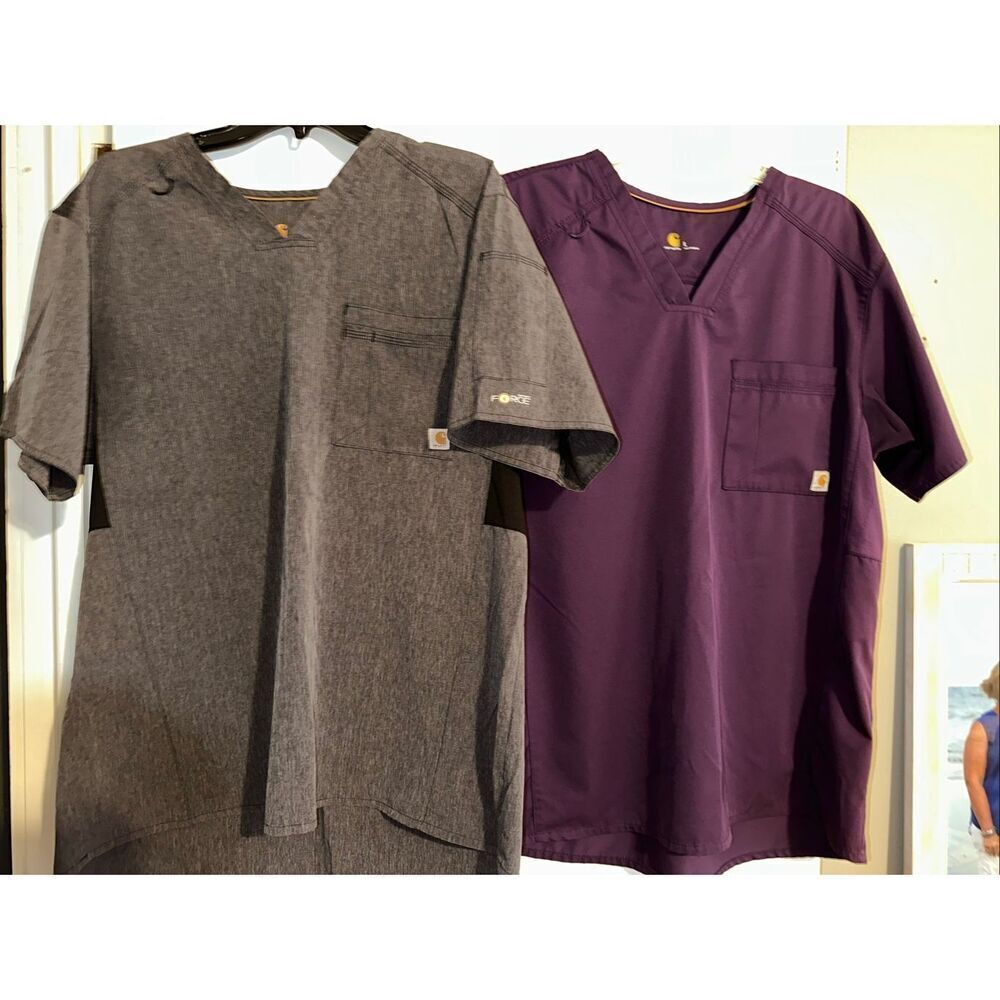 2 Pack Carhartt Force women’s Scrub Tops Large gray purple Modern Fit vented